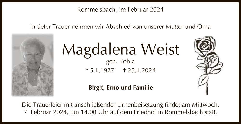  Traueranzeige für Magdalena Weist vom 03.02.2024 aus Reutlinger General-Anzeiger