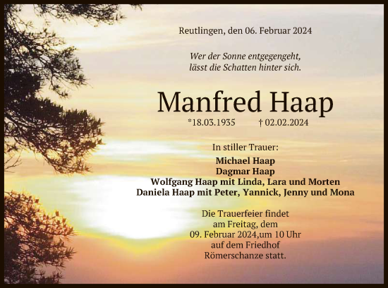 Anzeige von Manfred Haap von Reutlinger General-Anzeiger