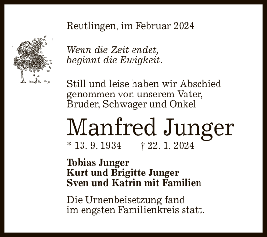 Anzeige von Manfred Junger von Reutlinger General-Anzeiger