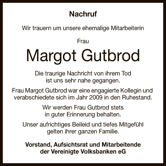 Anzeige von Margot Gutbrod von Reutlinger General-Anzeiger