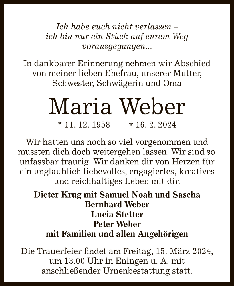  Traueranzeige für Maria Weber vom 28.02.2024 aus Reutlinger General-Anzeiger