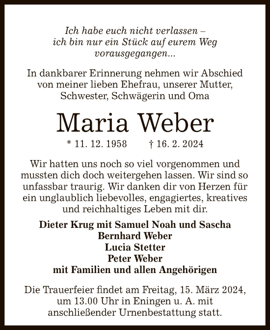 Anzeige von Maria Weber von Reutlinger General-Anzeiger