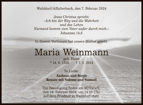 Anzeige von Maria Weinmann von Reutlinger General-Anzeiger
