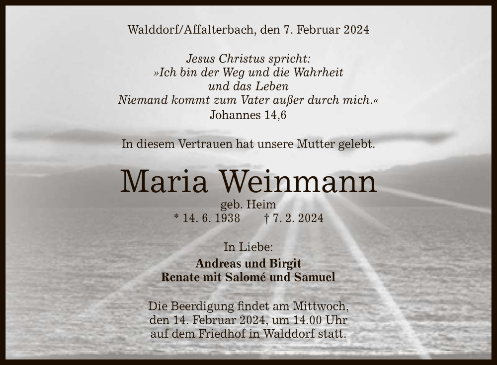  Traueranzeige für Maria Weinmann vom 10.02.2024 aus Reutlinger General-Anzeiger