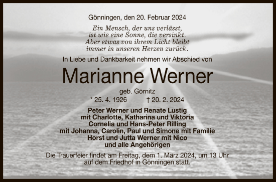 Anzeige von Marianne Werner von Reutlinger General-Anzeiger