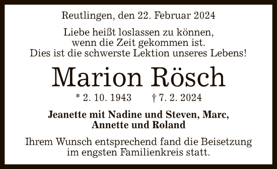 Anzeige von Marion Rösch von Reutlinger General-Anzeiger