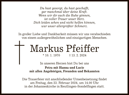 Anzeige von Markus Pfeiffer von Reutlinger General-Anzeiger