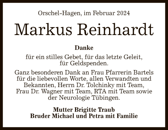 Anzeige von Markus Reinhardt von Reutlinger General-Anzeiger