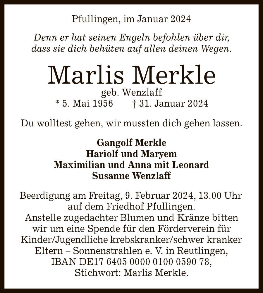  Traueranzeige für Marlis Merkle vom 06.02.2024 aus Reutlinger General-Anzeiger