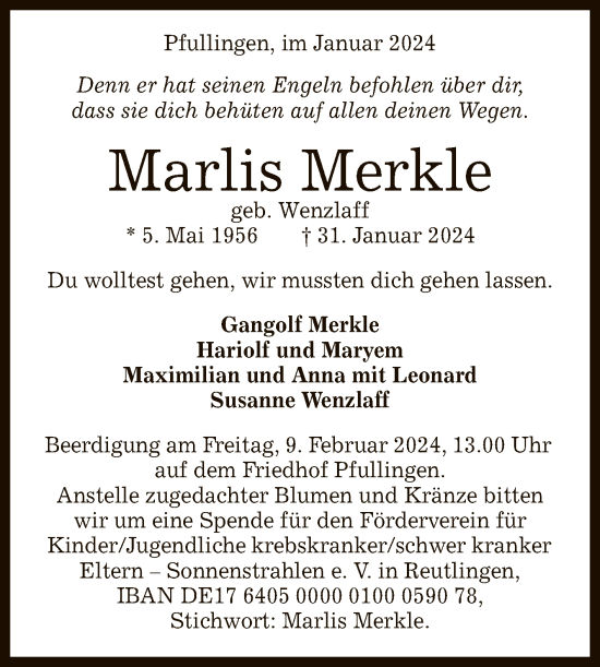 Anzeige von Marlis Merkle von Reutlinger General-Anzeiger