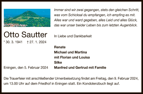 Anzeige von Otto Sautter von Reutlinger General-Anzeiger