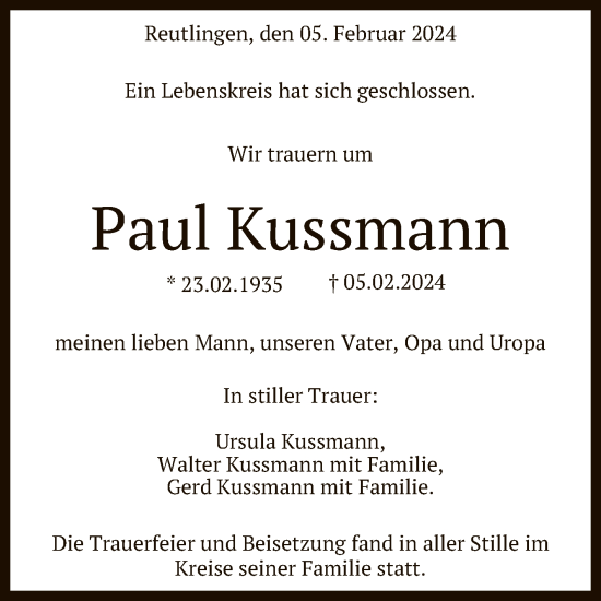 Anzeige von Paul Kussmann von Reutlinger General-Anzeiger