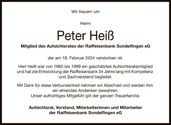 Anzeige von Peter Heiß von Reutlinger General-Anzeiger