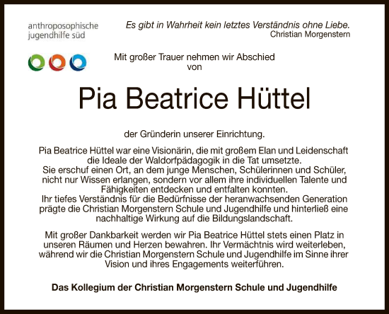 Anzeige von Pia Beatrice Hüttel von Reutlinger General-Anzeiger