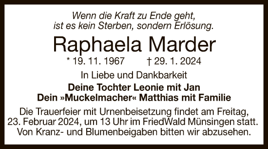 Anzeige von Raphaela Marder von Reutlinger General-Anzeiger