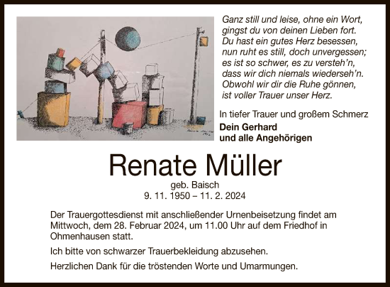 Anzeige von Renate Müller von Reutlinger General-Anzeiger