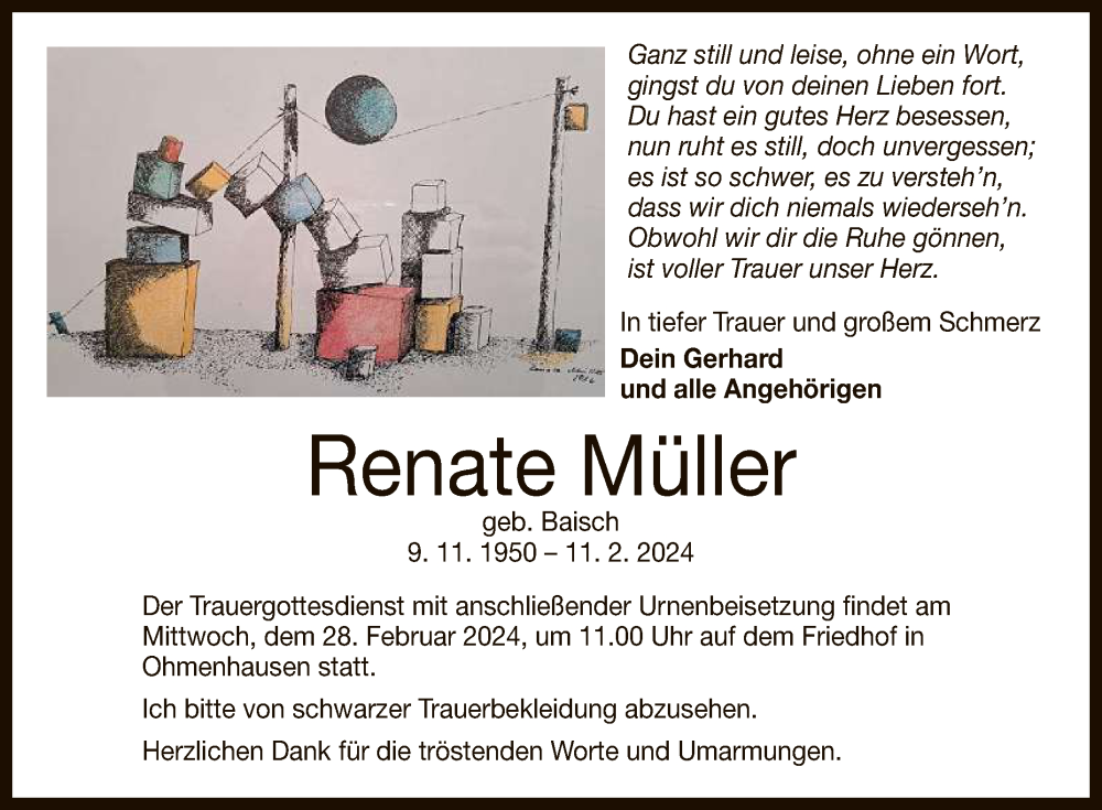  Traueranzeige für Renate Müller vom 21.02.2024 aus Reutlinger General-Anzeiger