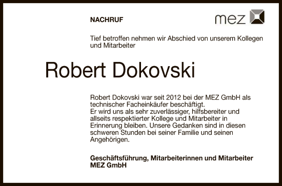 Anzeige von Robert Dokovski von Reutlinger General-Anzeiger