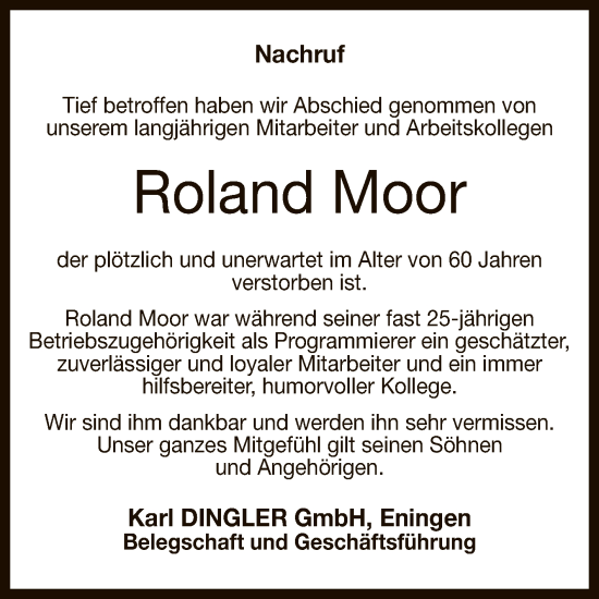 Anzeige von Roland Moor von Reutlinger General-Anzeiger