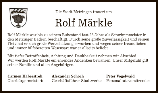 Anzeige von Rolf Märkle von Reutlinger General-Anzeiger