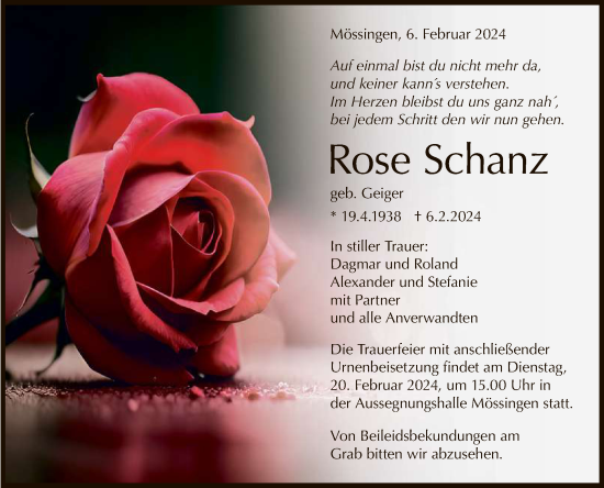 Anzeige von Rose Schanz von Reutlinger General-Anzeiger