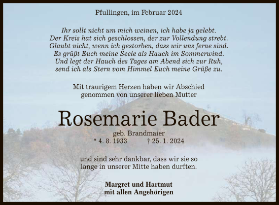 Anzeige von Rosemarie Bader von Reutlinger General-Anzeiger