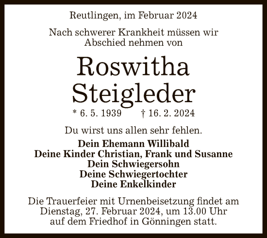 Anzeige von Roswitha Steigleder von Reutlinger General-Anzeiger