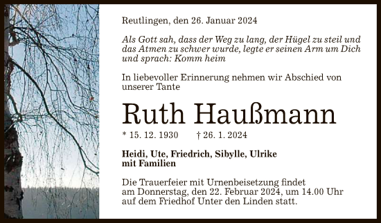Anzeige von Ruth Haußmann von Reutlinger General-Anzeiger
