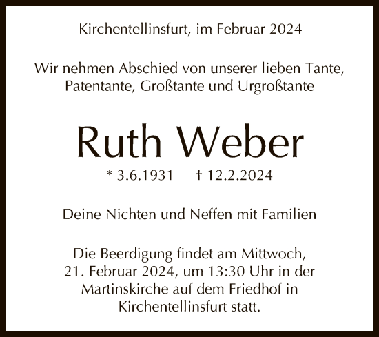 Anzeige von Ruth Weber von Reutlinger General-Anzeiger