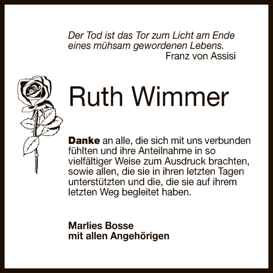 Anzeige von Ruth Wimmer von Reutlinger General-Anzeiger