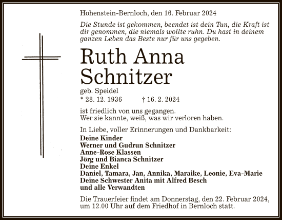 Anzeige von Ruth Anna Schnitzer von Reutlinger General-Anzeiger