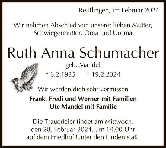 Anzeige von Ruth Anna Schumacher von Reutlinger General-Anzeiger