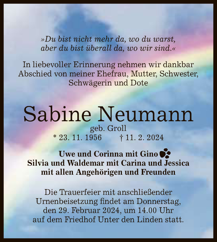  Traueranzeige für Sabine Neumann vom 24.02.2024 aus Reutlinger General-Anzeiger