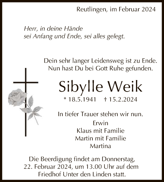 Anzeige von Sibylle Weik von Reutlinger General-Anzeiger