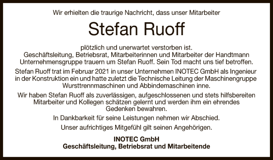 Anzeige von Stefan Ruoff von Reutlinger General-Anzeiger