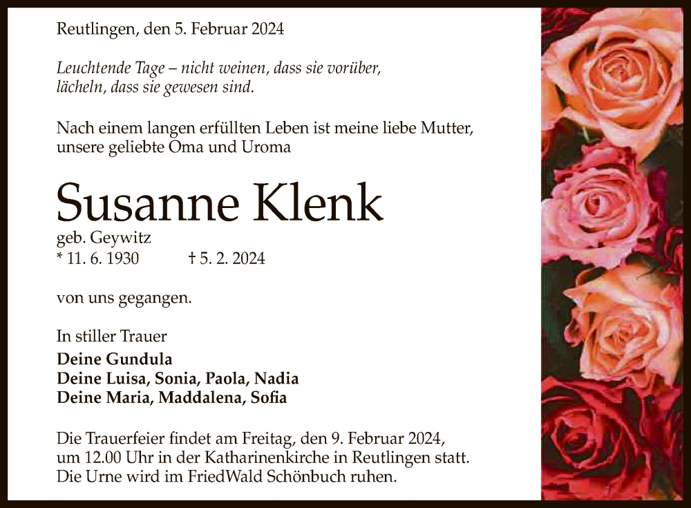  Traueranzeige für Susanne Klenk vom 08.02.2024 aus Reutlinger General-Anzeiger