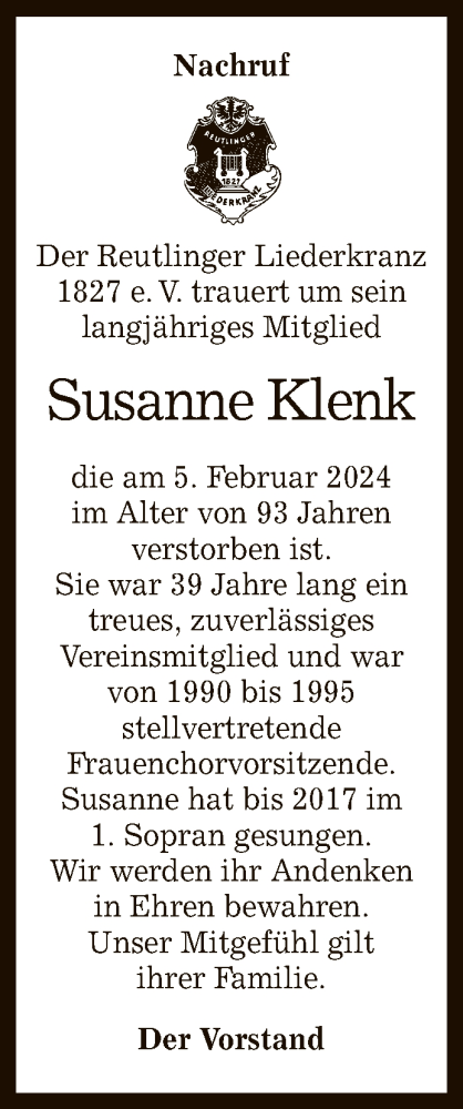 Anzeige von Susanne Klenk von Reutlinger General-Anzeiger