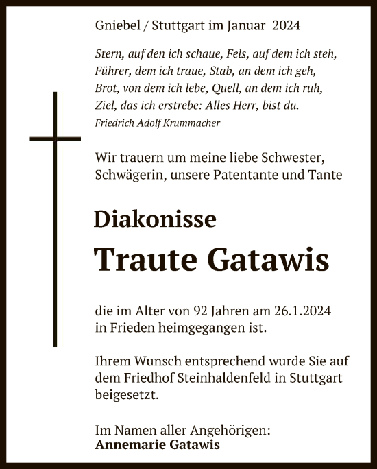Anzeige von Traute Gatawis von Reutlinger General-Anzeiger