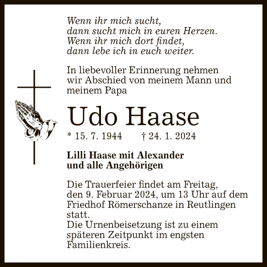 Anzeige von Udo Haase von Reutlinger General-Anzeiger