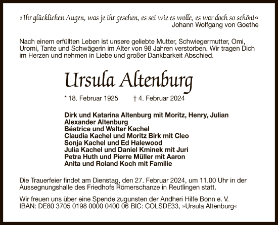 Anzeige von Ursula Altenburg von Reutlinger General-Anzeiger