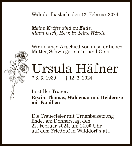 Anzeige von Ursula Häfner von Reutlinger General-Anzeiger
