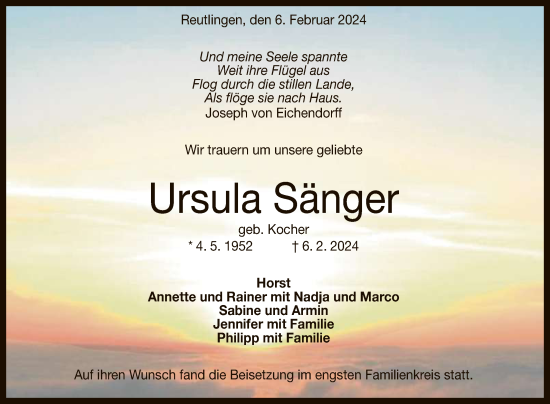 Anzeige von Ursula Sänger von Reutlinger General-Anzeiger