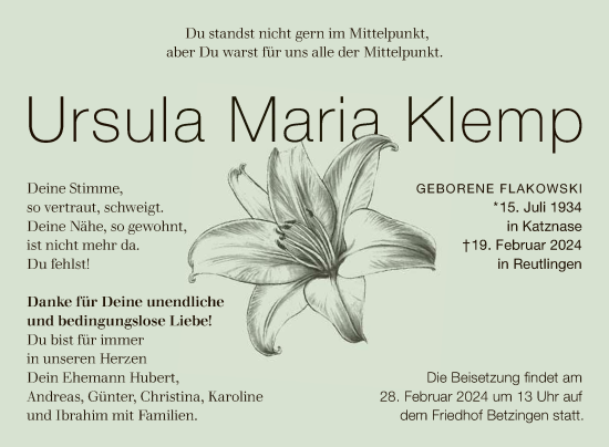 Anzeige von Ursula Maria Klemp von Reutlinger General-Anzeiger