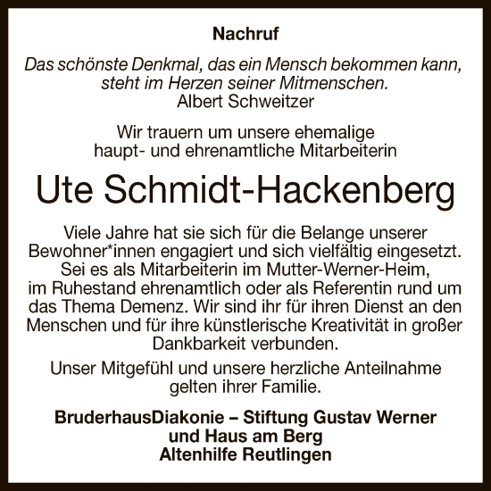 Anzeige von Ute Schmidt-Hackenberg von Reutlinger General-Anzeiger