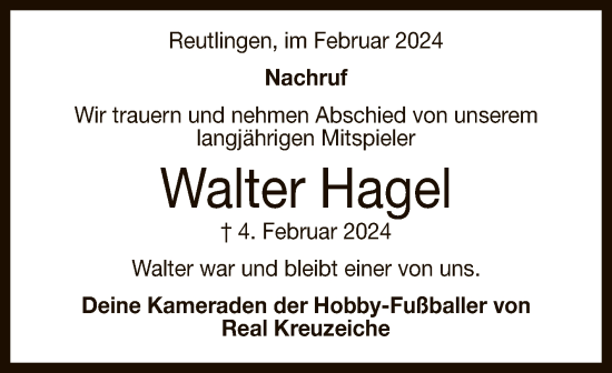 Anzeige von Walter Hagel von Reutlinger General-Anzeiger
