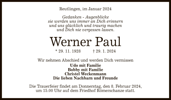 Anzeige von Werner Paul von Reutlinger General-Anzeiger