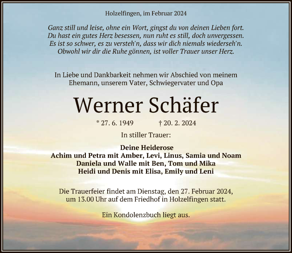  Traueranzeige für Werner Schäfer vom 24.02.2024 aus Reutlinger General-Anzeiger