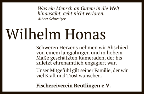 Anzeige von Wilhelm Honas von Reutlinger General-Anzeiger