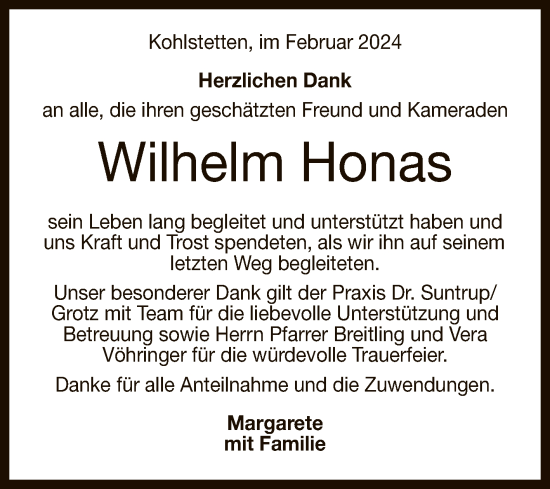 Anzeige von Wilhelm Honas von Reutlinger General-Anzeiger