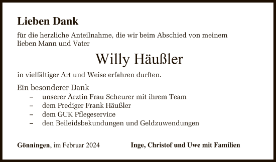 Anzeige von Willy Häußler von Reutlinger General-Anzeiger
